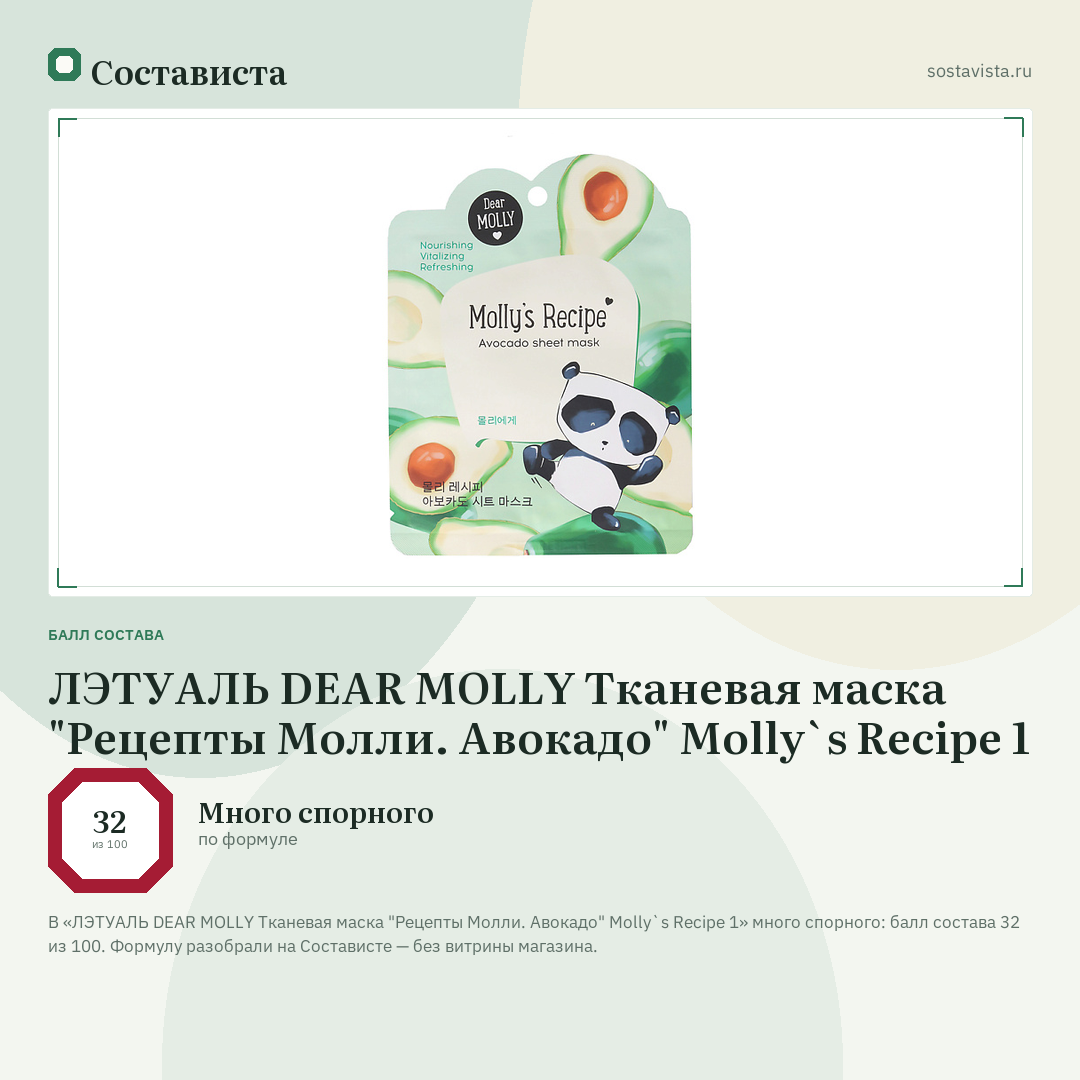 ЛЭТУАЛЬ DEAR MOLLY Тканевая маска "Рецепты Молли. Авокадо" Molly`s Recipe 1: балл состава 32 из 100 — Состависта