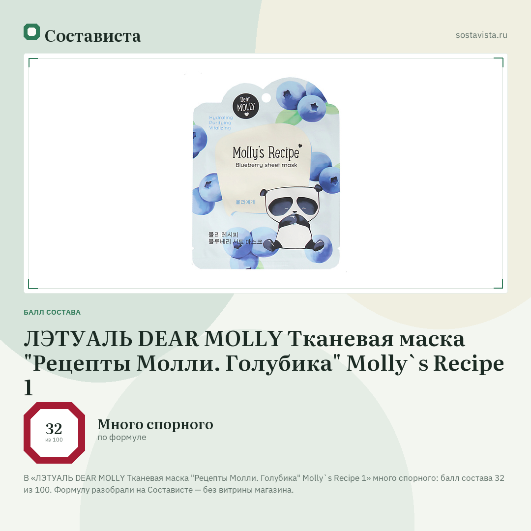 ЛЭТУАЛЬ DEAR MOLLY Тканевая маска "Рецепты Молли. Голубика" Molly`s Recipe 1: балл состава 32 из 100 — Состависта