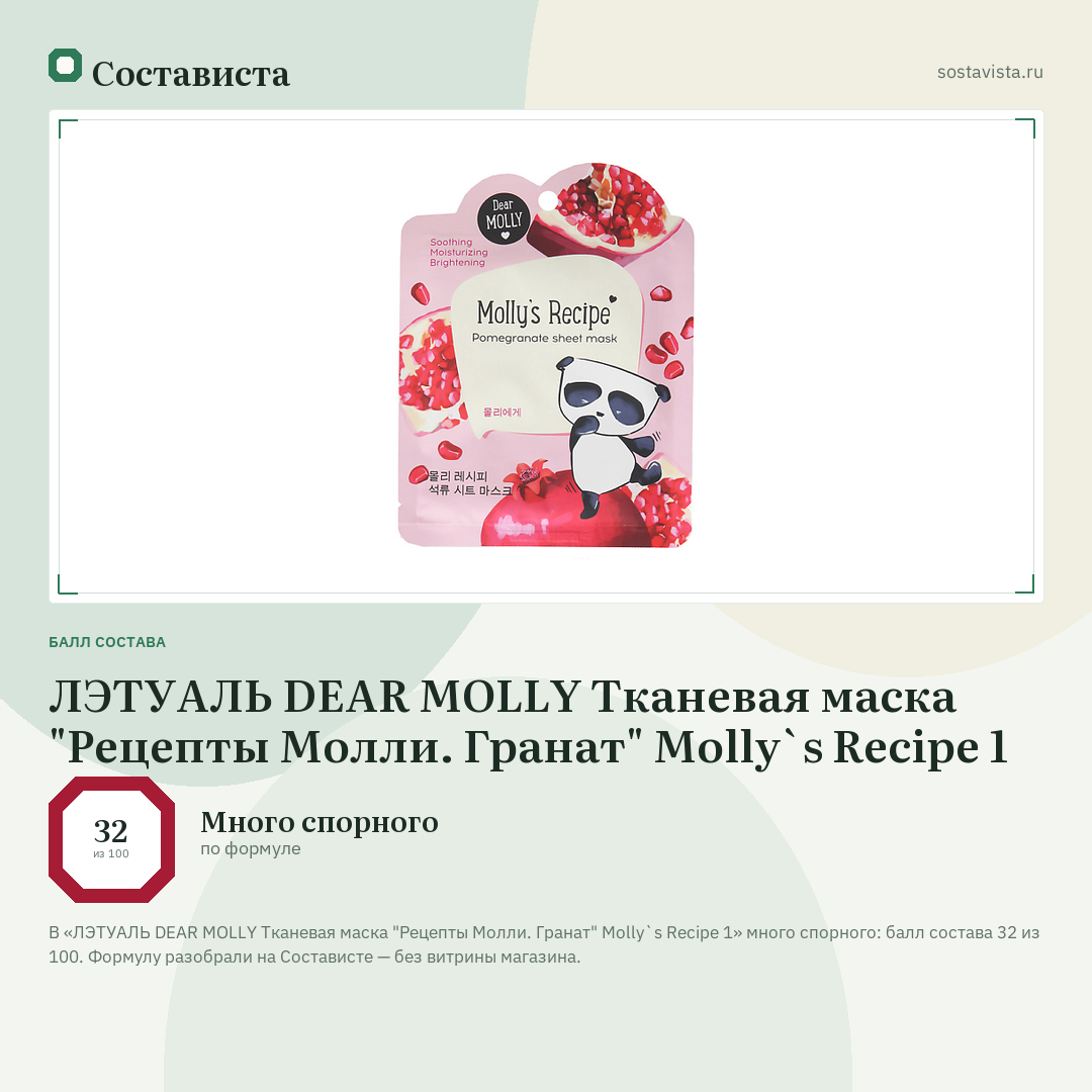 ЛЭТУАЛЬ DEAR MOLLY Тканевая маска "Рецепты Молли. Гранат" Molly`s Recipe 1: балл состава 32 из 100 — Состависта