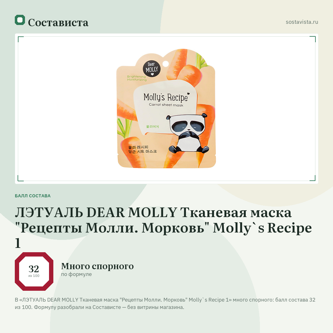 ЛЭТУАЛЬ DEAR MOLLY Тканевая маска "Рецепты Молли. Морковь" Molly`s Recipe 1: балл состава 32 из 100 — Состависта