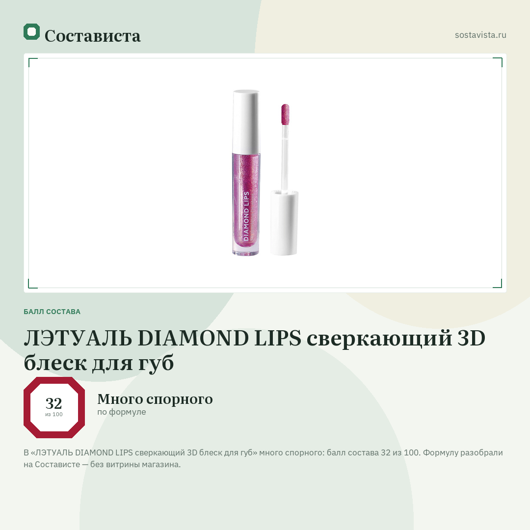 ЛЭТУАЛЬ DIAMOND LIPS сверкающий 3D блеск для губ: балл состава 32 из 100 — Состависта