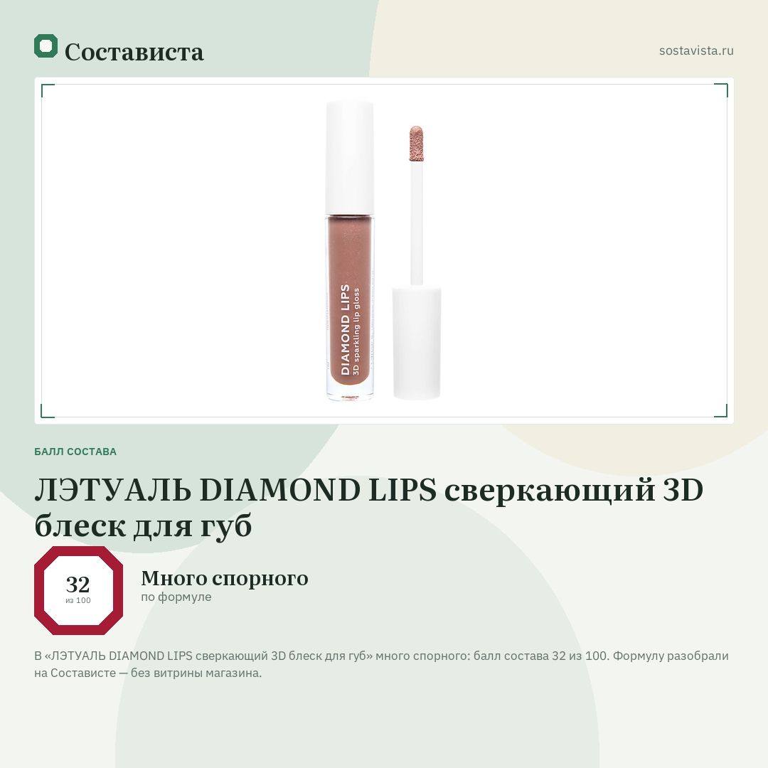 ЛЭТУАЛЬ DIAMOND LIPS сверкающий 3D блеск для губ: балл состава 32 из 100 — Состависта
