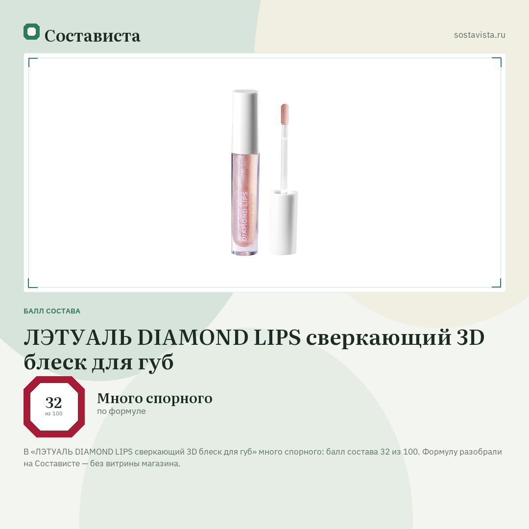 ЛЭТУАЛЬ DIAMOND LIPS сверкающий 3D блеск для губ: балл состава 32 из 100 — Состависта