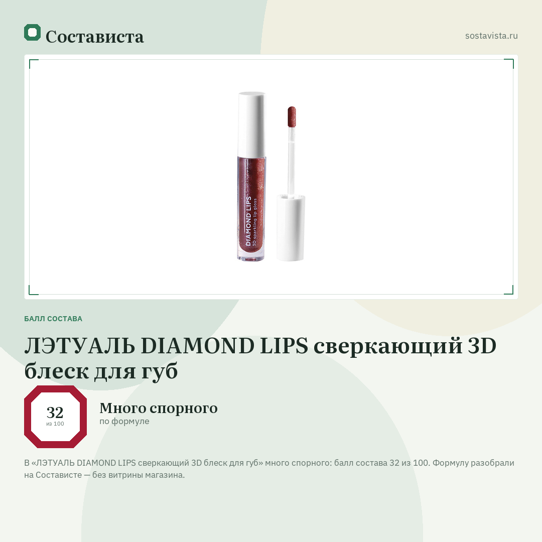 ЛЭТУАЛЬ DIAMOND LIPS сверкающий 3D блеск для губ: балл состава 32 из 100 — Состависта