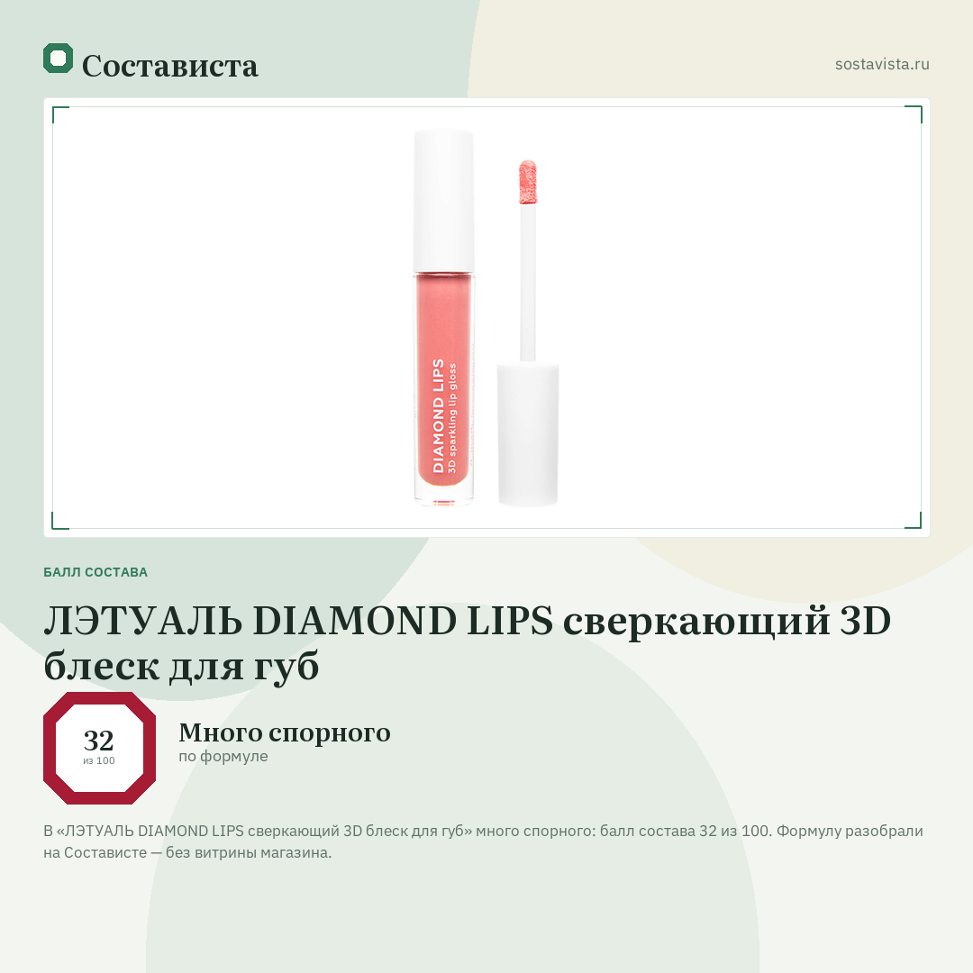 ЛЭТУАЛЬ DIAMOND LIPS сверкающий 3D блеск для губ: балл состава 32 из 100 — Состависта