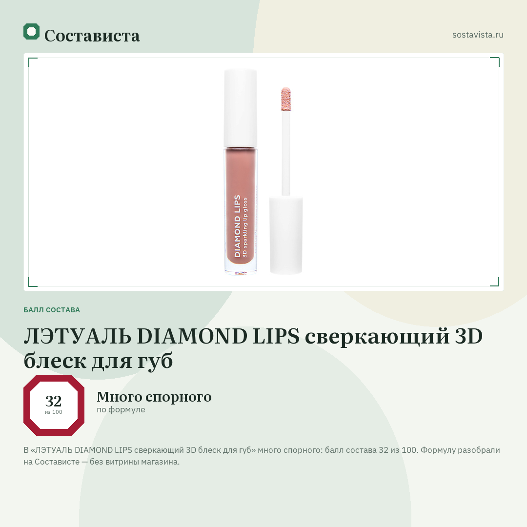 ЛЭТУАЛЬ DIAMOND LIPS сверкающий 3D блеск для губ: балл состава 32 из 100 — Состависта