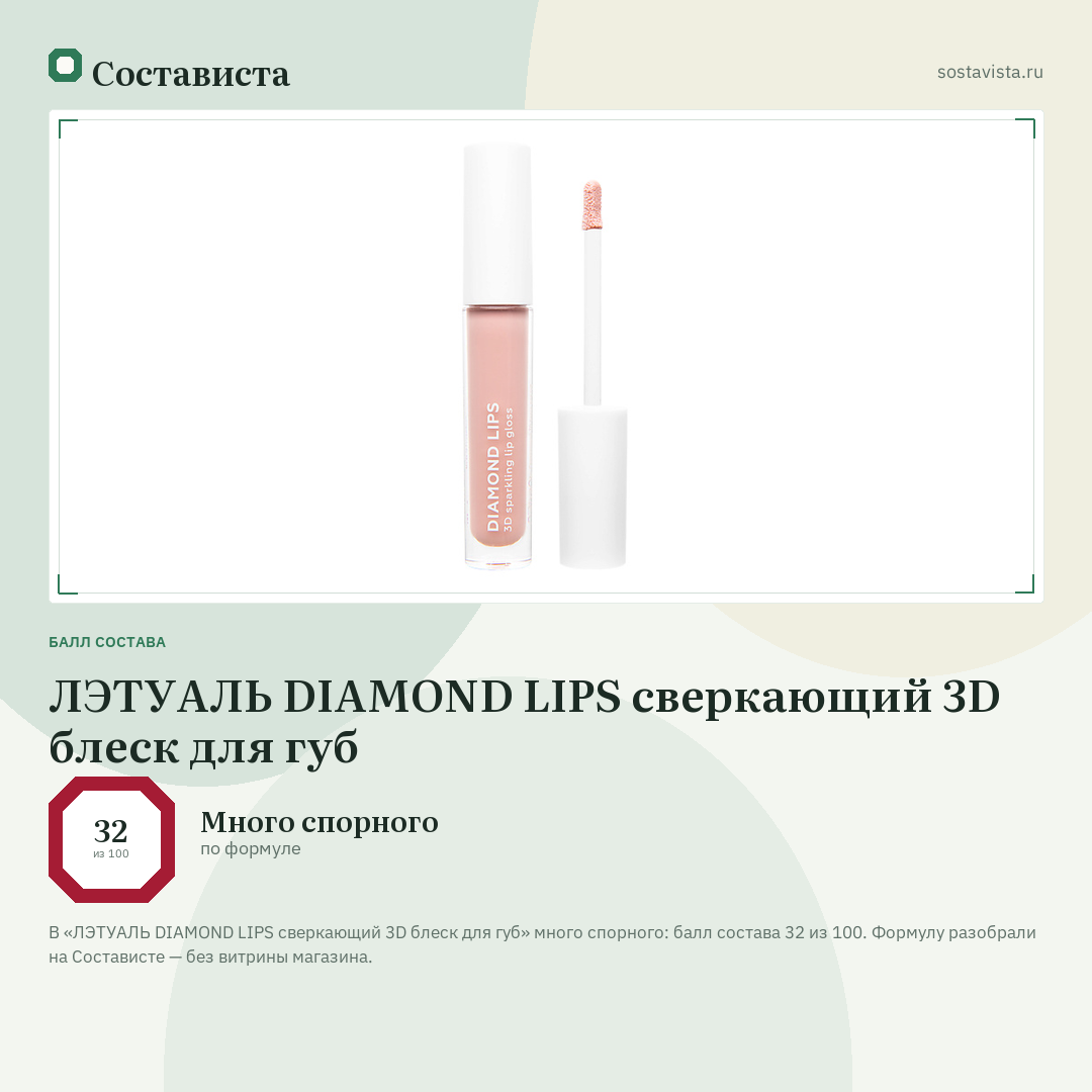 ЛЭТУАЛЬ DIAMOND LIPS сверкающий 3D блеск для губ: балл состава 32 из 100 — Состависта