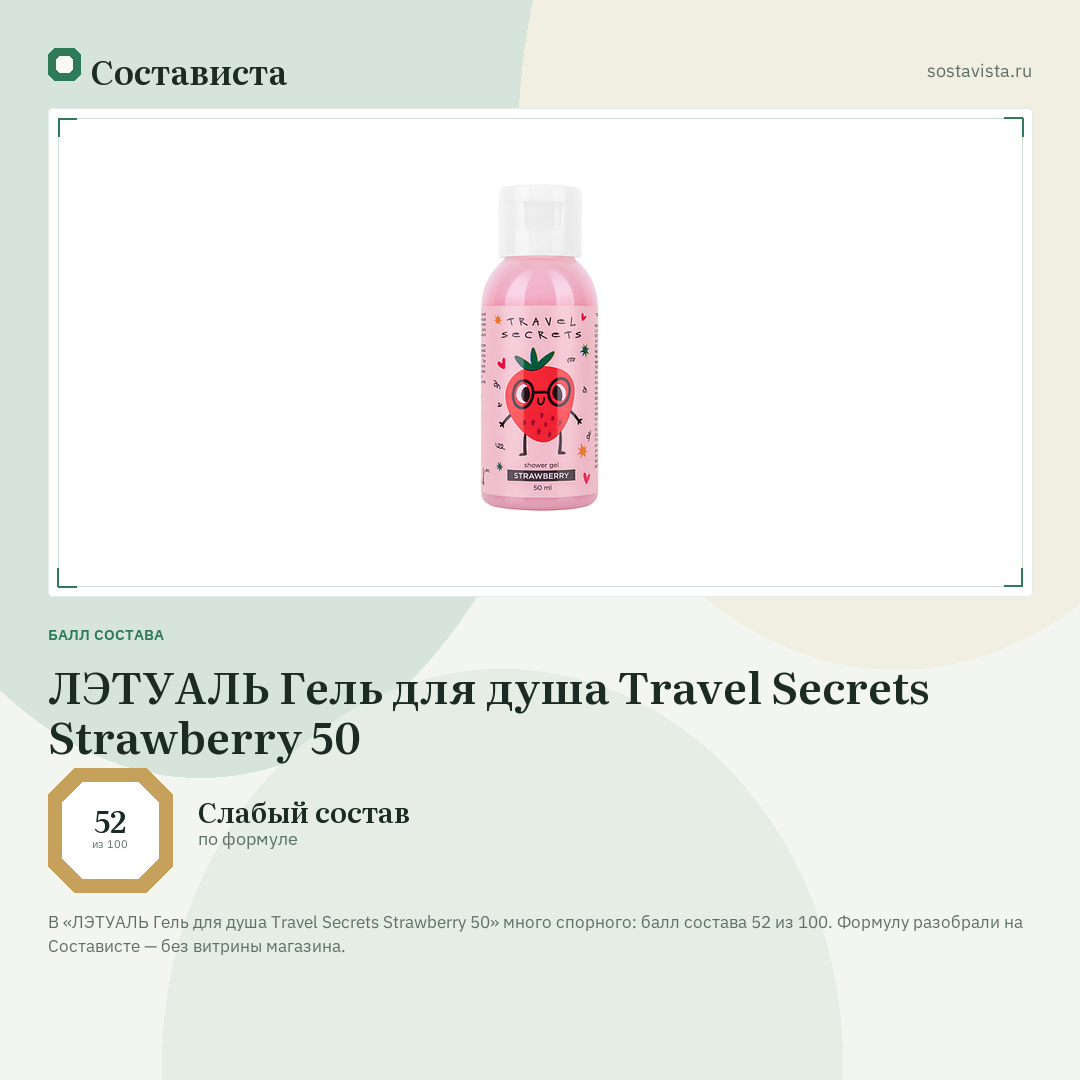 ЛЭТУАЛЬ Гель для душа Travel Secrets Strawberry 50: балл состава 52 из 100 — Состависта