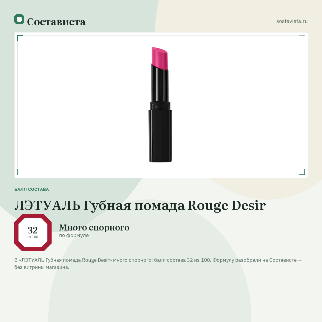 ЛЭТУАЛЬ Губная помада Rouge Desir: балл состава 32 из 100 — Состависта