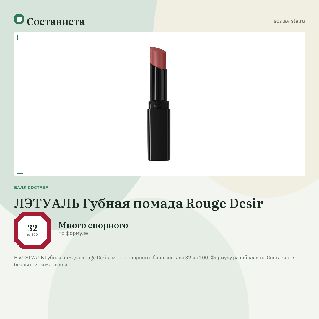 ЛЭТУАЛЬ Губная помада Rouge Desir: балл состава 32 из 100 — Состависта