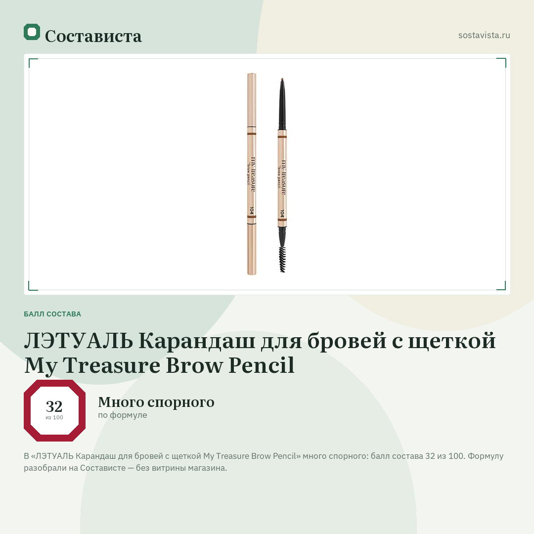 ЛЭТУАЛЬ Карандаш для бровей с щеткой My Treasure Brow Pencil: балл состава 32 из 100 — Состависта