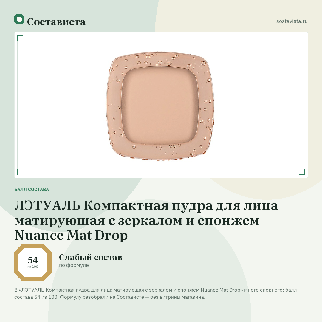 ЛЭТУАЛЬ Компактная пудра для лица матирующая с зеркалом и спонжем Nuance Mat Drop: балл состава 54 из 100 — Состависта