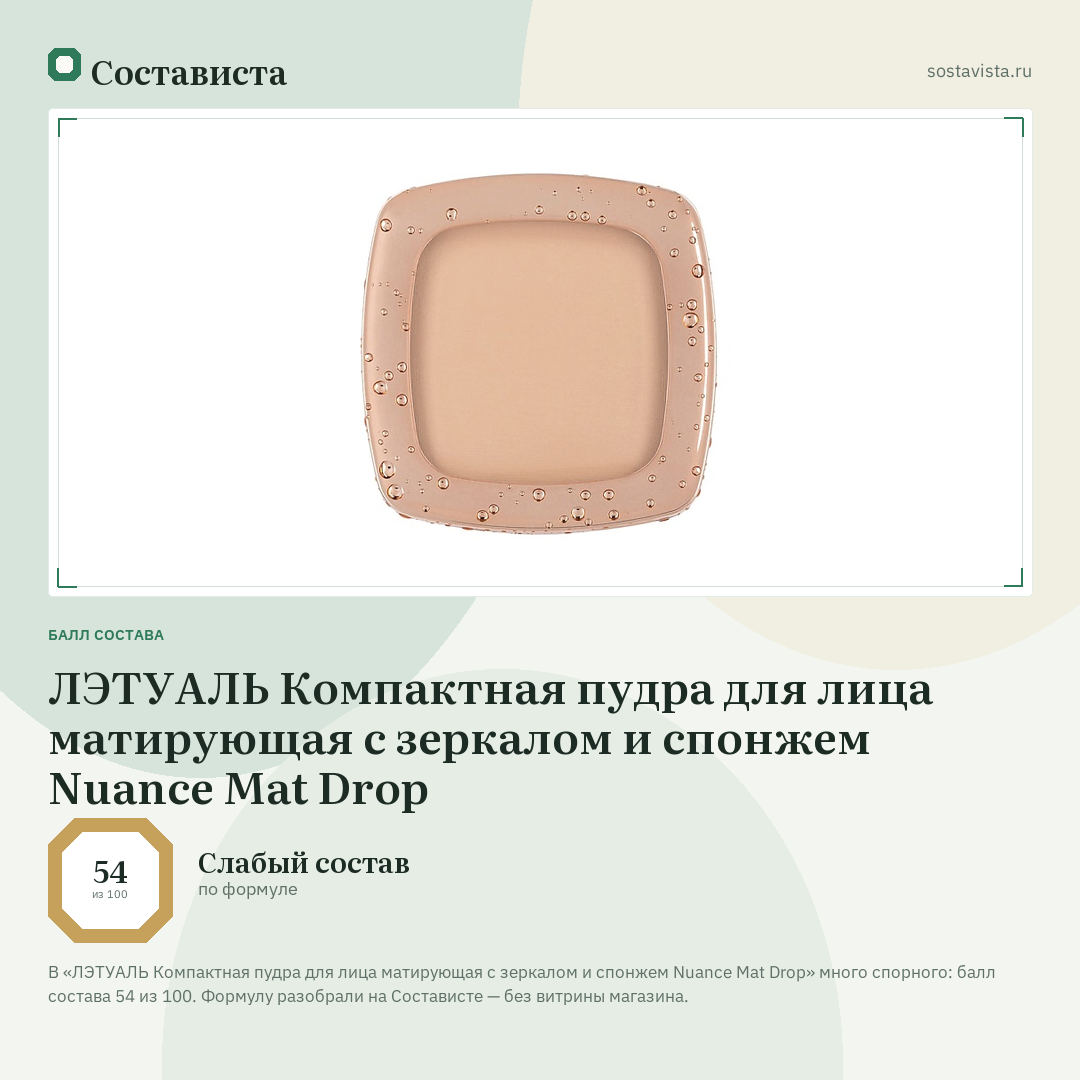 ЛЭТУАЛЬ Компактная пудра для лица матирующая с зеркалом и спонжем Nuance Mat Drop: балл состава 54 из 100 — Состависта
