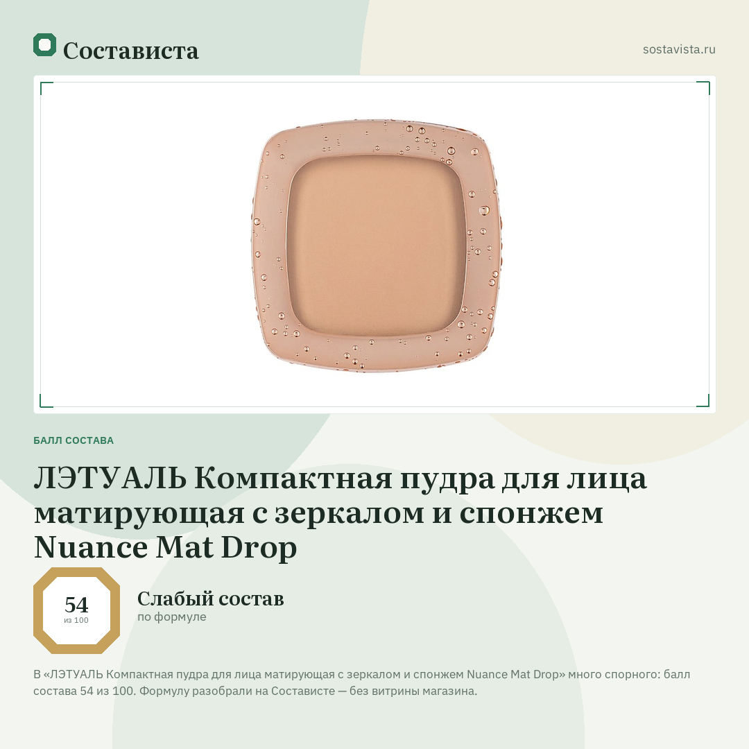 ЛЭТУАЛЬ Компактная пудра для лица матирующая с зеркалом и спонжем Nuance Mat Drop: балл состава 54 из 100 — Состависта