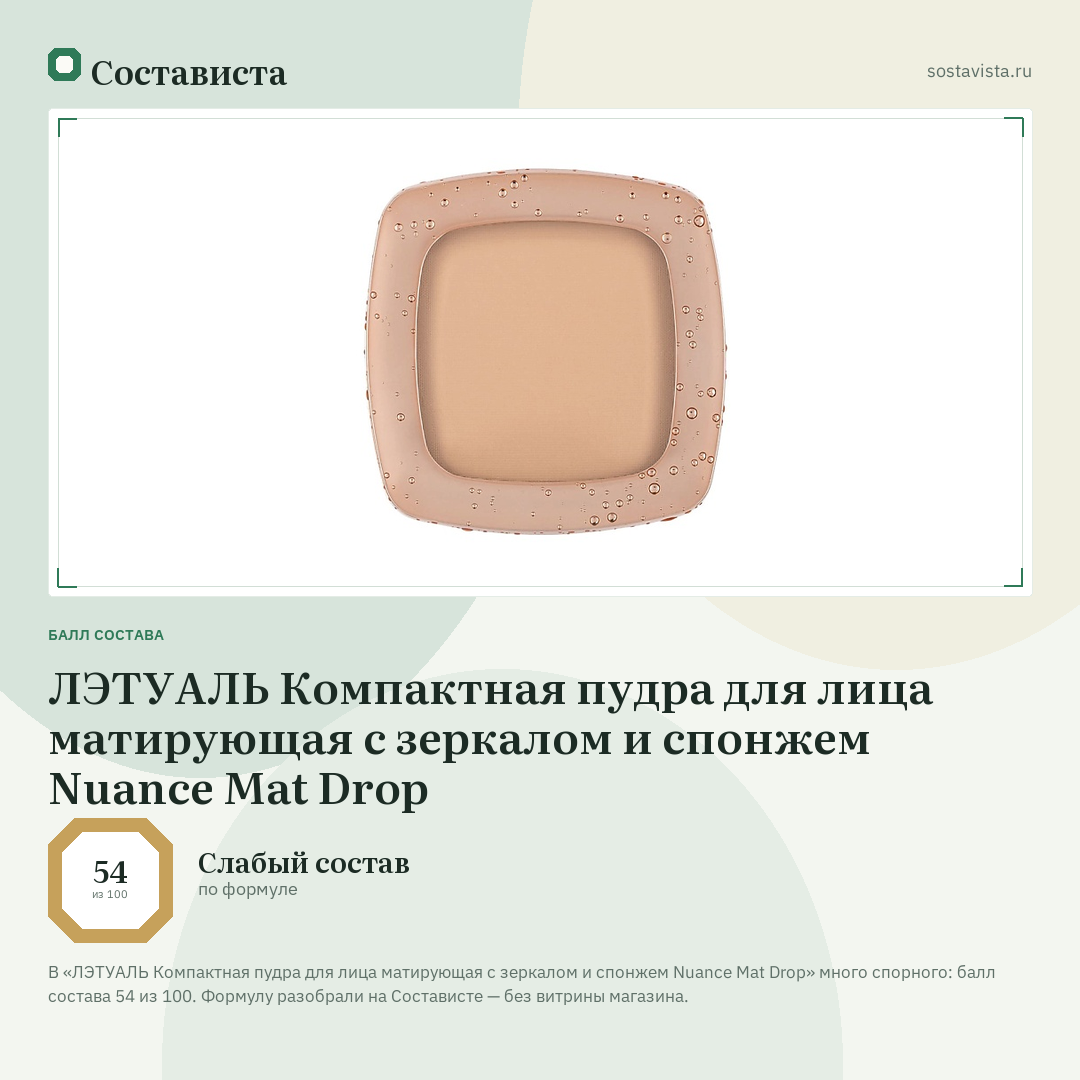 ЛЭТУАЛЬ Компактная пудра для лица матирующая с зеркалом и спонжем Nuance Mat Drop: балл состава 54 из 100 — Состависта