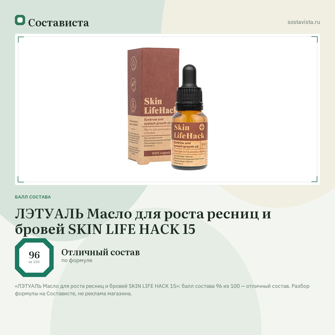 ЛЭТУАЛЬ Масло для роста ресниц и бровей SKIN LIFE HACK 15: балл состава 96 из 100 — Состависта