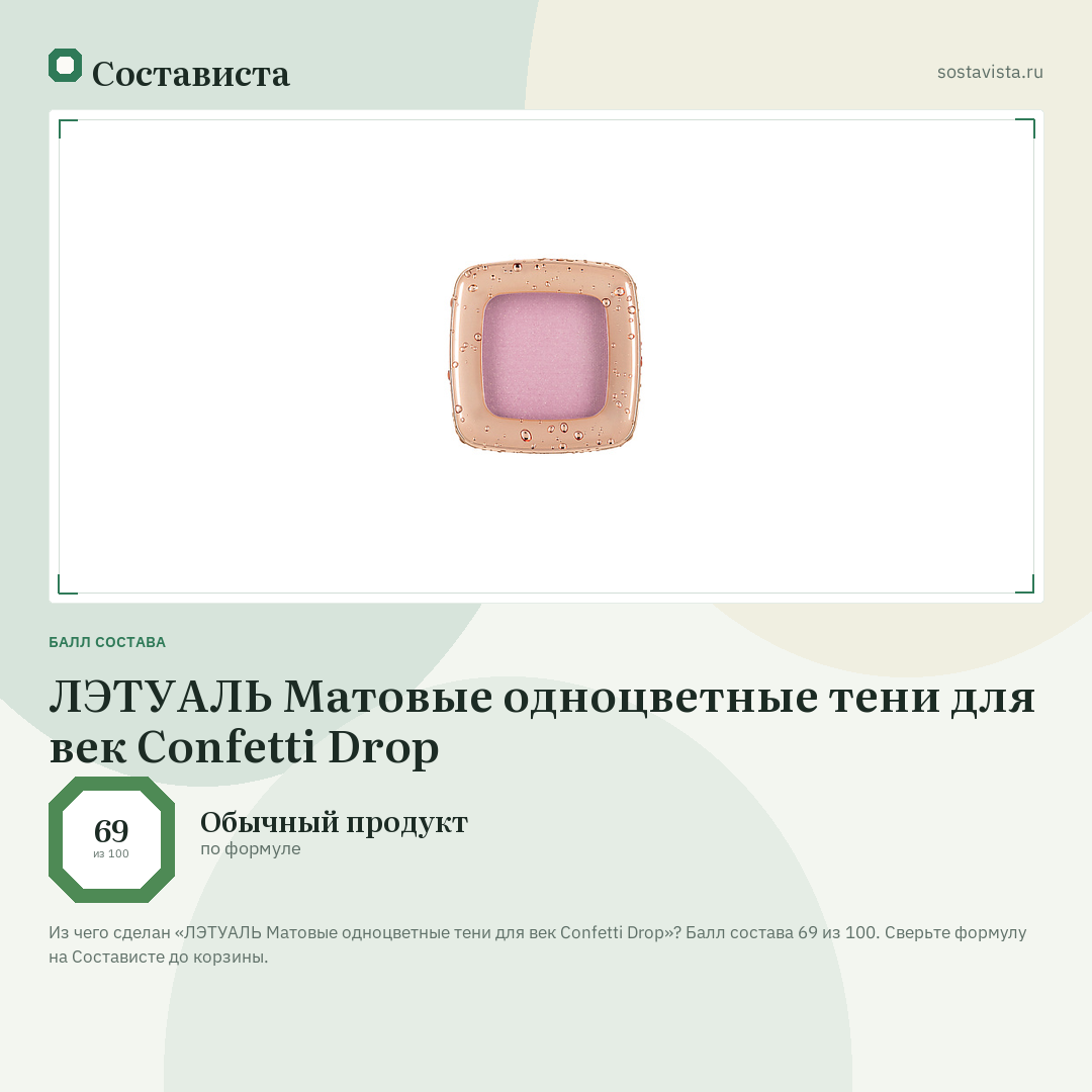 ЛЭТУАЛЬ Матовые одноцветные тени для век Confetti Drop: балл состава 69 из 100 — Состависта