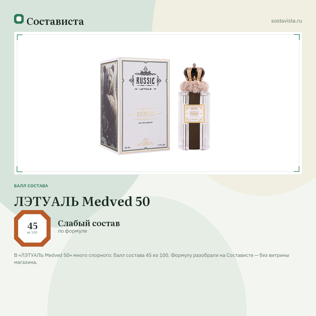 ЛЭТУАЛЬ Medved 50: балл состава 45 из 100 — Состависта