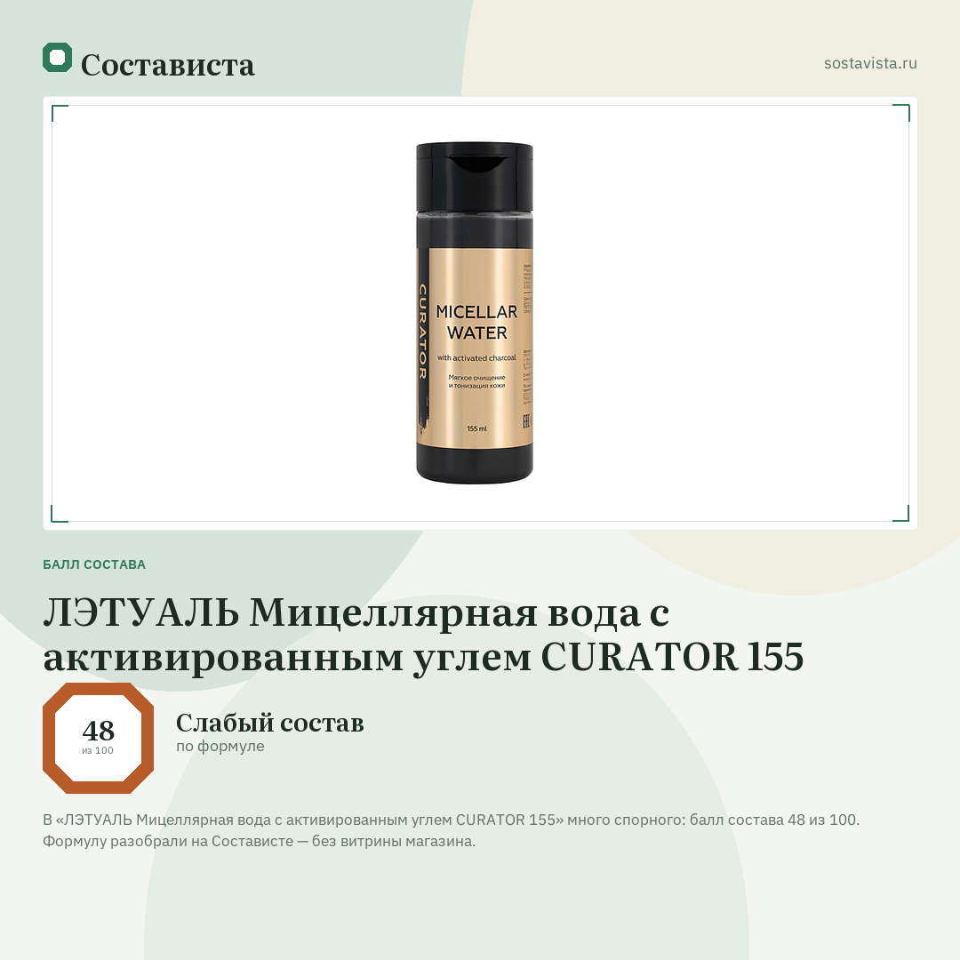 ЛЭТУАЛЬ Мицеллярная вода с активированным углем CURATOR 155: балл состава 48 из 100 — Состависта