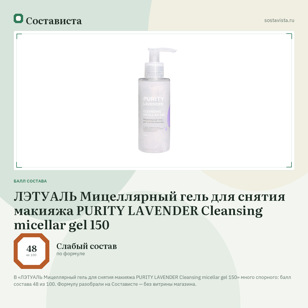 ЛЭТУАЛЬ Мицеллярный гель для снятия макияжа PURITY LAVENDER Cleansing micellar gel 150: балл состава 48 из 100 — Состависта