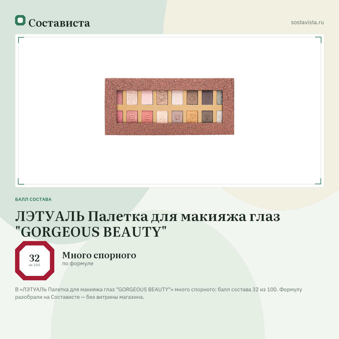 ЛЭТУАЛЬ Палетка для макияжа глаз "GORGEOUS BEAUTY": балл состава 32 из 100 — Состависта