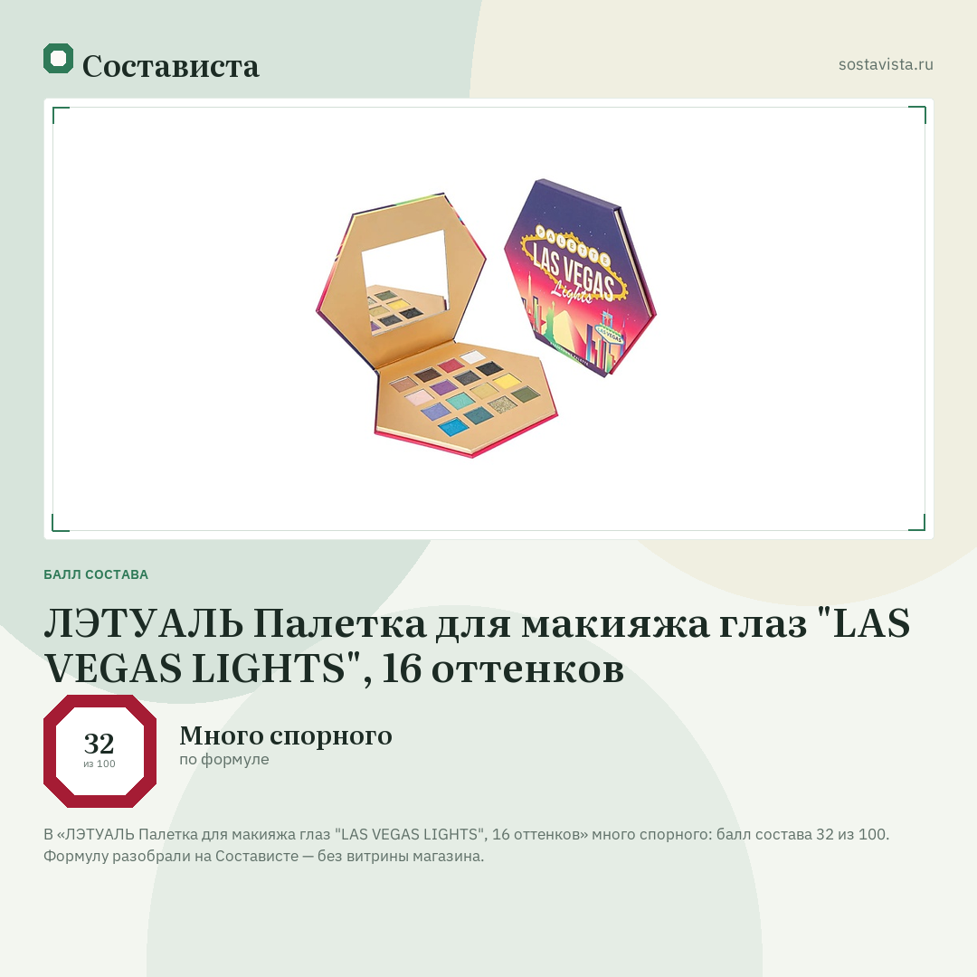 ЛЭТУАЛЬ Палетка для макияжа глаз "LAS VEGAS LIGHTS", 16 оттенков: балл состава 32 из 100 — Состависта
