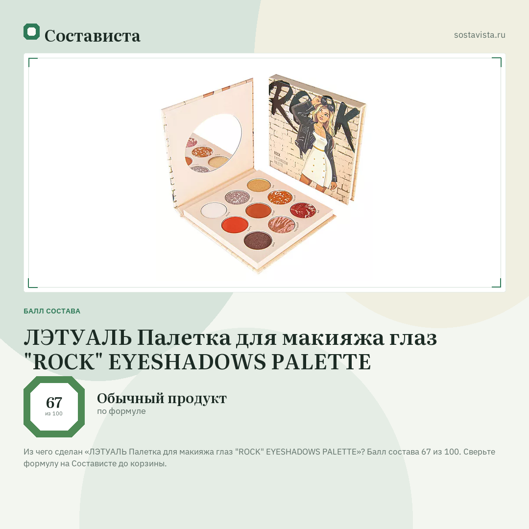 ЛЭТУАЛЬ Палетка для макияжа глаз "ROCK" EYESHADOWS PALETTE: балл состава 67 из 100 — Состависта