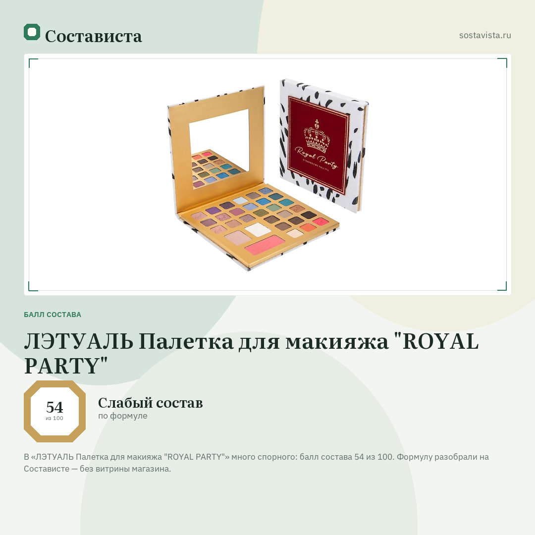 ЛЭТУАЛЬ Палетка для макияжа "ROYAL PARTY": балл состава 54 из 100 — Состависта