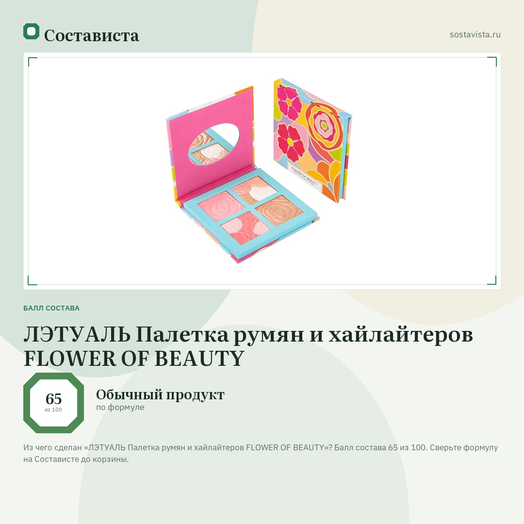 ЛЭТУАЛЬ Палетка румян и хайлайтеров FLOWER OF BEAUTY: балл состава 65 из 100 — Состависта