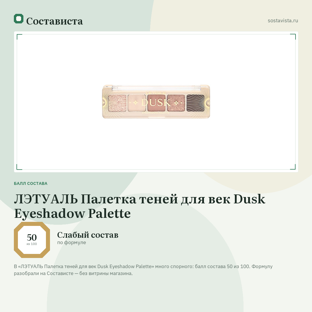 ЛЭТУАЛЬ Палетка теней для век Dusk Eyeshadow Palette: балл состава 50 из 100 — Состависта