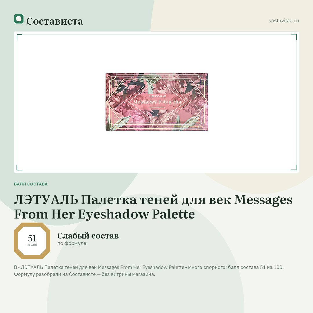 ЛЭТУАЛЬ Палетка теней для век Messages From Her Eyeshadow Palette: балл состава 51 из 100 — Состависта