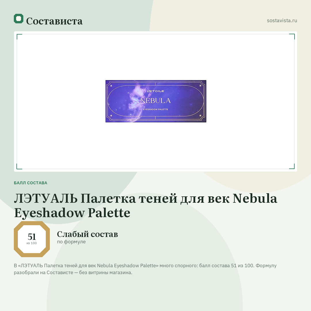 ЛЭТУАЛЬ Палетка теней для век Nebula Eyeshadow Palette: балл состава 51 из 100 — Состависта