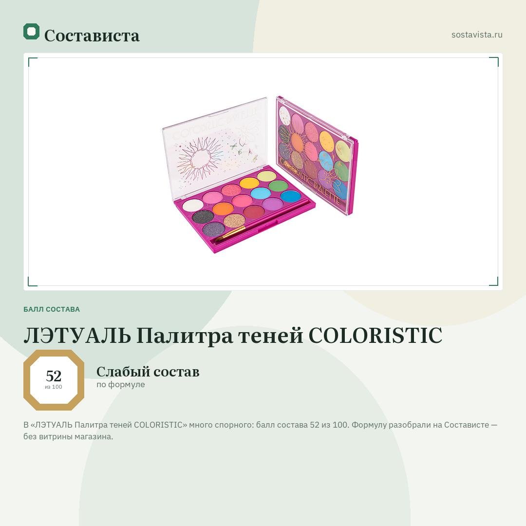 ЛЭТУАЛЬ Палитра теней COLORISTIC: балл состава 52 из 100 — Состависта