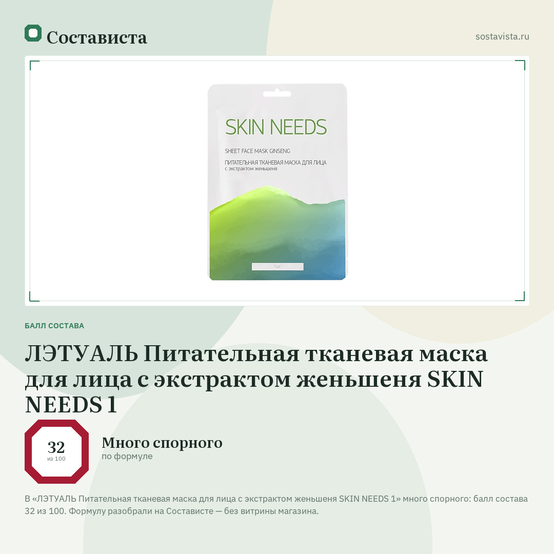 ЛЭТУАЛЬ Питательная тканевая маска для лица с экстрактом женьшеня SKIN NEEDS 1: балл состава 32 из 100 — Состависта