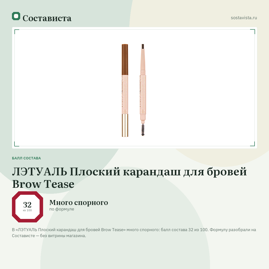 ЛЭТУАЛЬ Плоский карандаш для бровей Brow Tease: балл состава 32 из 100 — Состависта