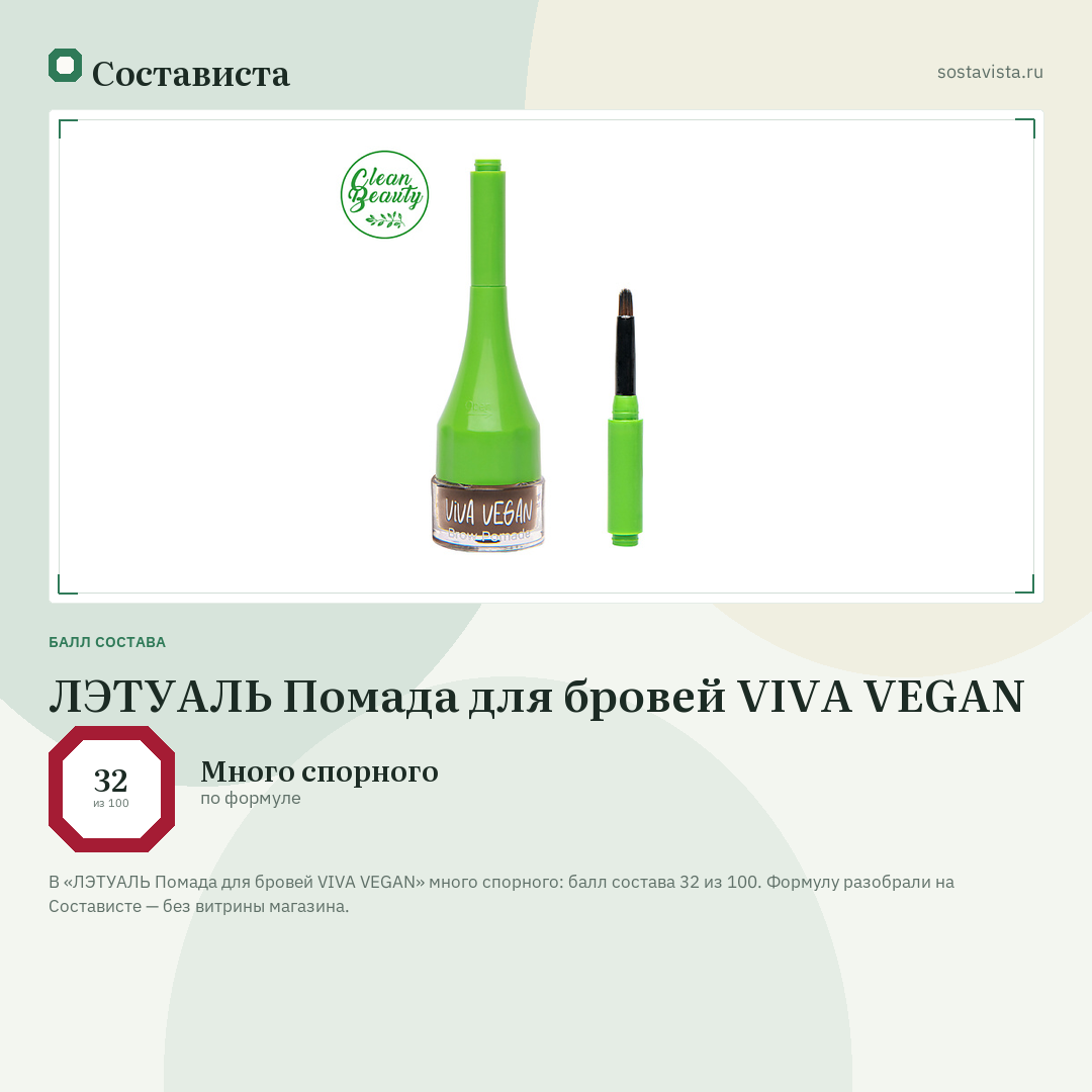 ЛЭТУАЛЬ Помада для бровей VIVA VEGAN: балл состава 32 из 100 — Состависта