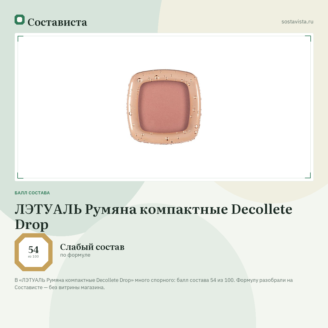 ЛЭТУАЛЬ Румяна компактные Decollete Drop: балл состава 54 из 100 — Состависта