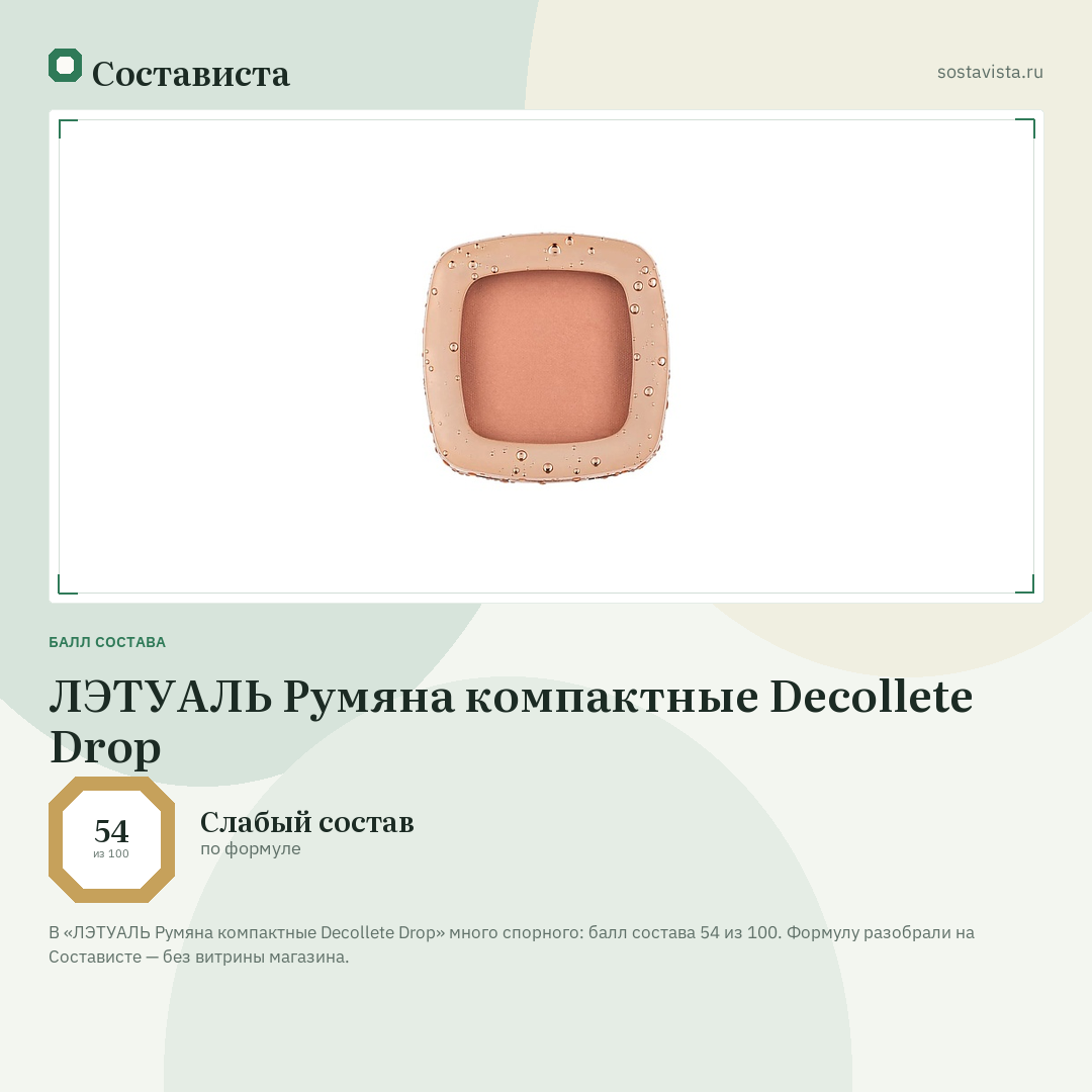 ЛЭТУАЛЬ Румяна компактные Decollete Drop: балл состава 54 из 100 — Состависта