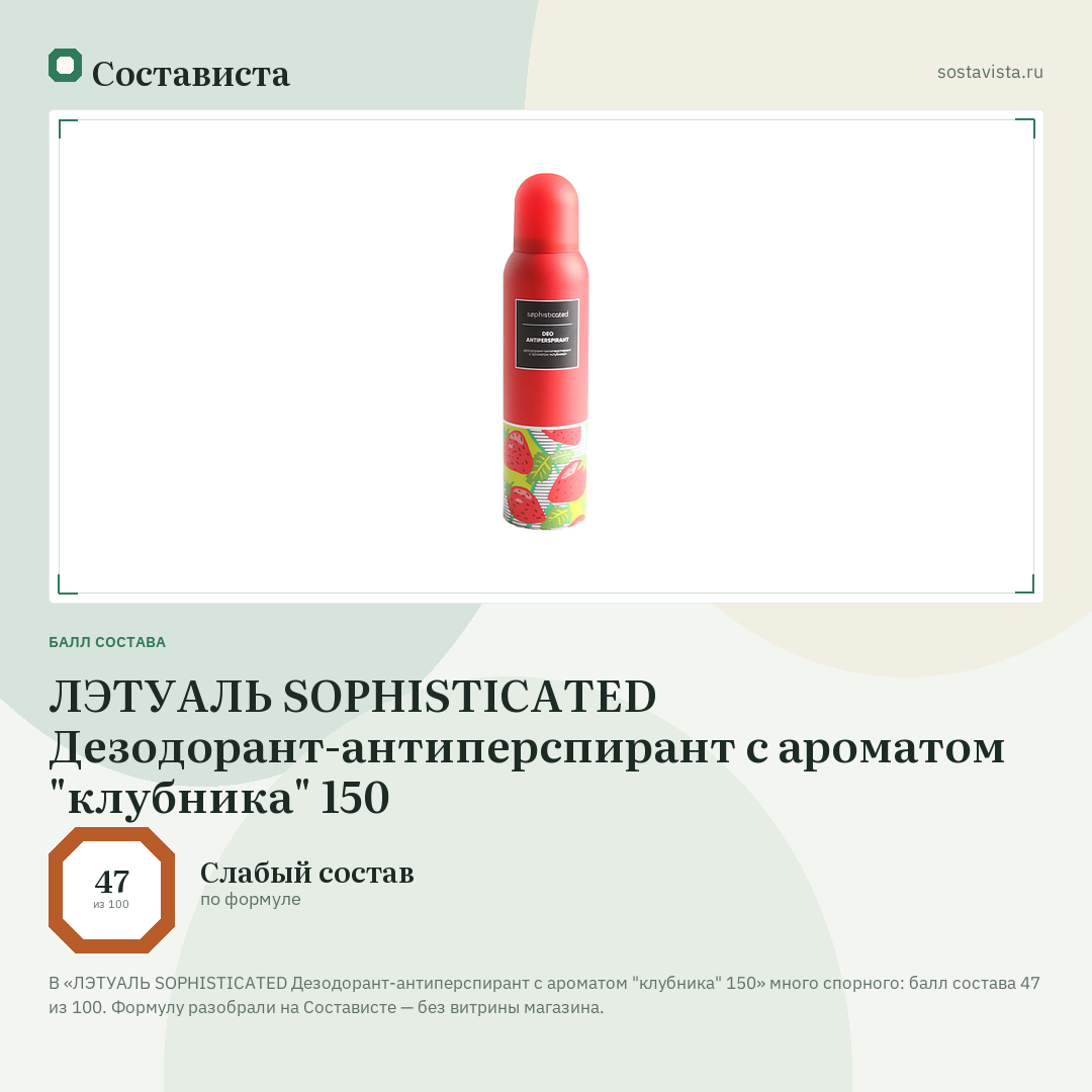 ЛЭТУАЛЬ SOPHISTICATED Дезодорант-антиперспирант с ароматом "клубника" 150: балл состава 47 из 100 — Состависта