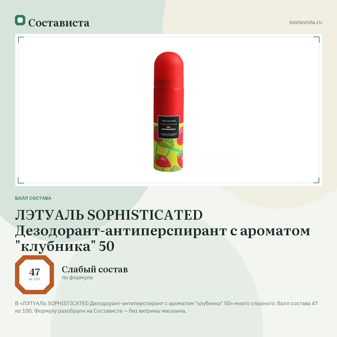 ЛЭТУАЛЬ SOPHISTICATED Дезодорант-антиперспирант с ароматом "клубника" 50: балл состава 47 из 100 — Состависта