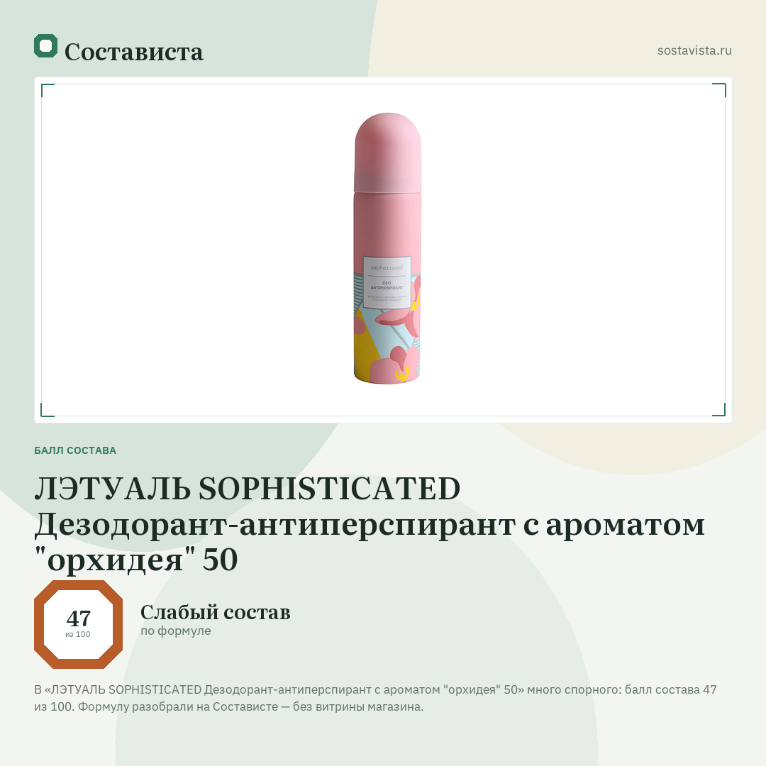 ЛЭТУАЛЬ SOPHISTICATED Дезодорант-антиперспирант с ароматом "орхидея" 50: балл состава 47 из 100 — Состависта
