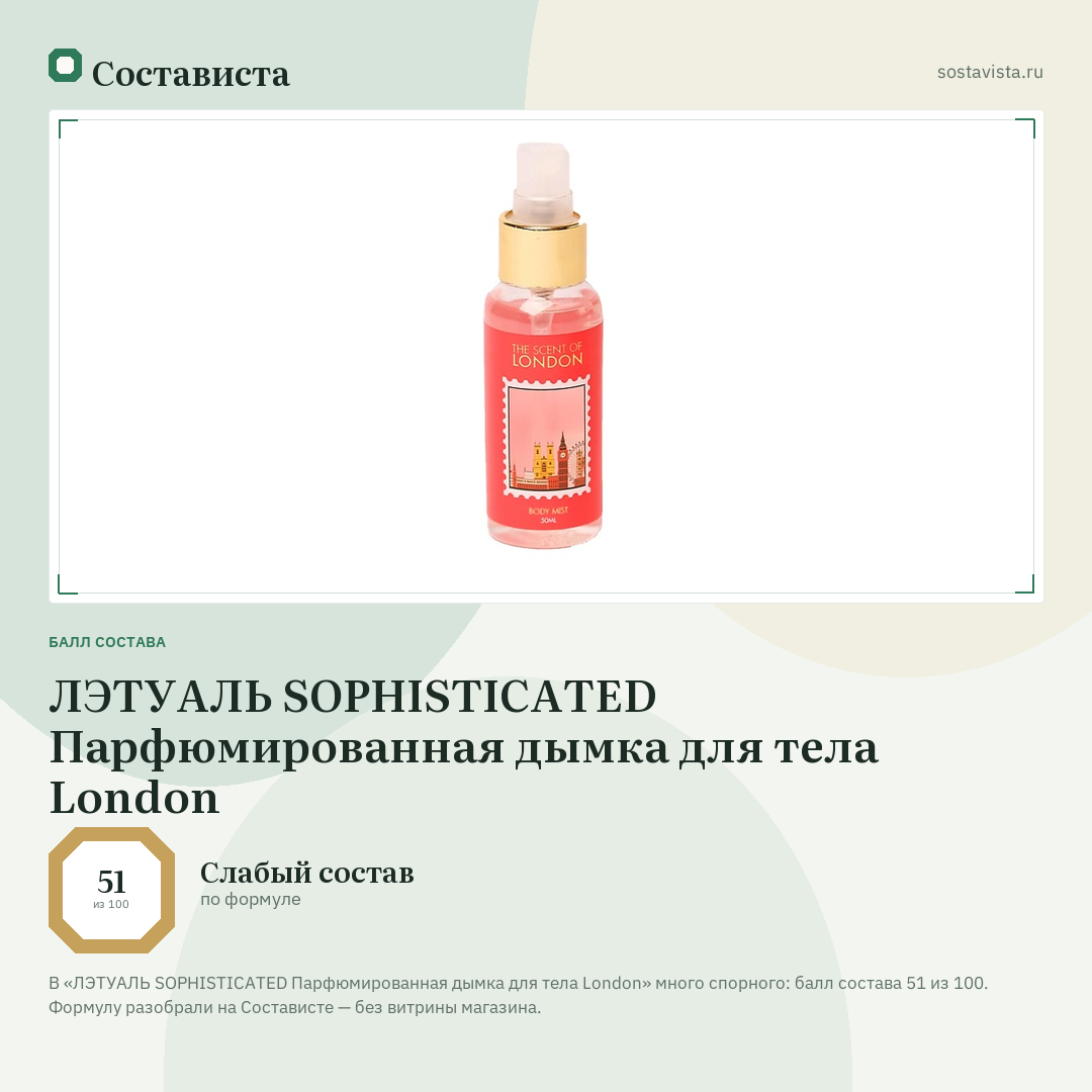 ЛЭТУАЛЬ SOPHISTICATED Парфюмированная дымка для тела London: балл состава 51 из 100 — Состависта