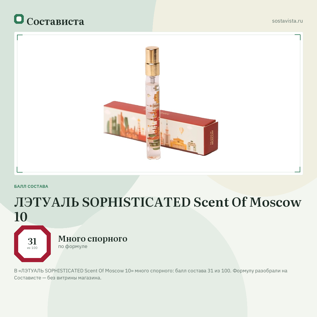 ЛЭТУАЛЬ SOPHISTICATED Scent Of Moscow 10: балл состава 31 из 100 — Состависта