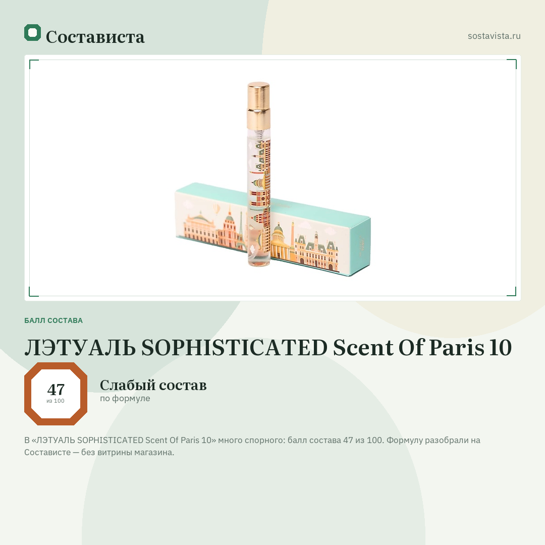 ЛЭТУАЛЬ SOPHISTICATED Scent Of Paris 10: балл состава 47 из 100 — Состависта