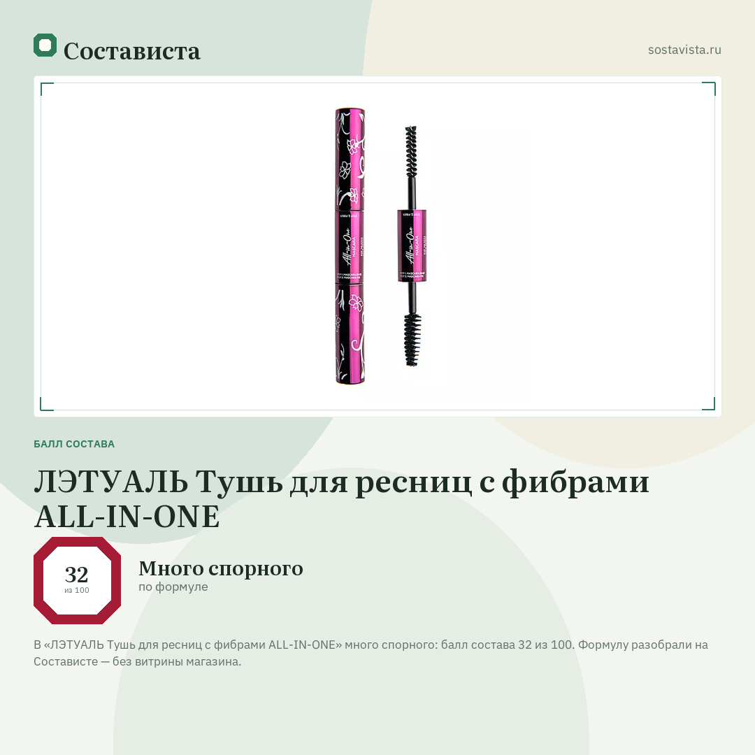 ЛЭТУАЛЬ Тушь для ресниц c фибрами ALL-IN-ONE: балл состава 32 из 100 — Состависта