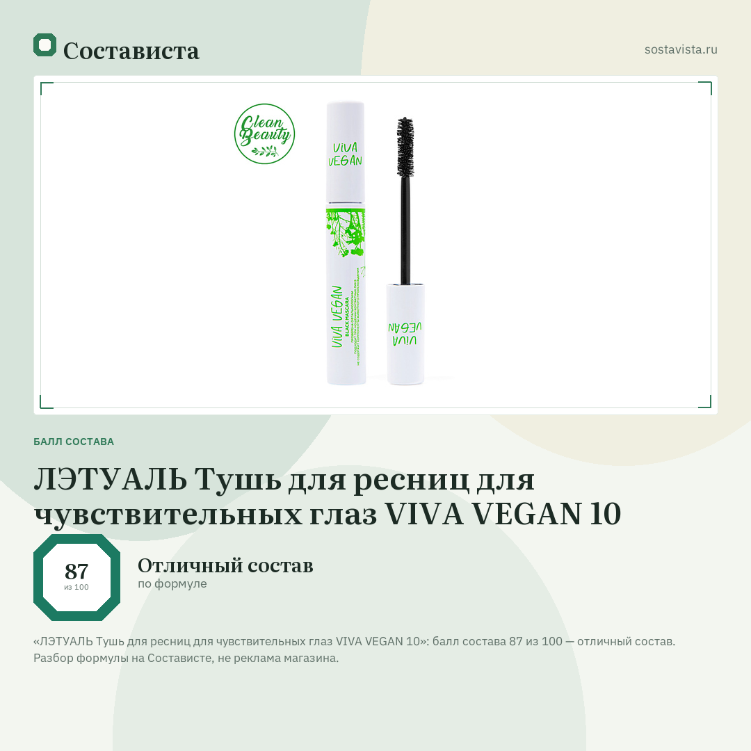 ЛЭТУАЛЬ Тушь для ресниц для чувствительных глаз VIVA VEGAN 10: балл состава 87 из 100 — Состависта