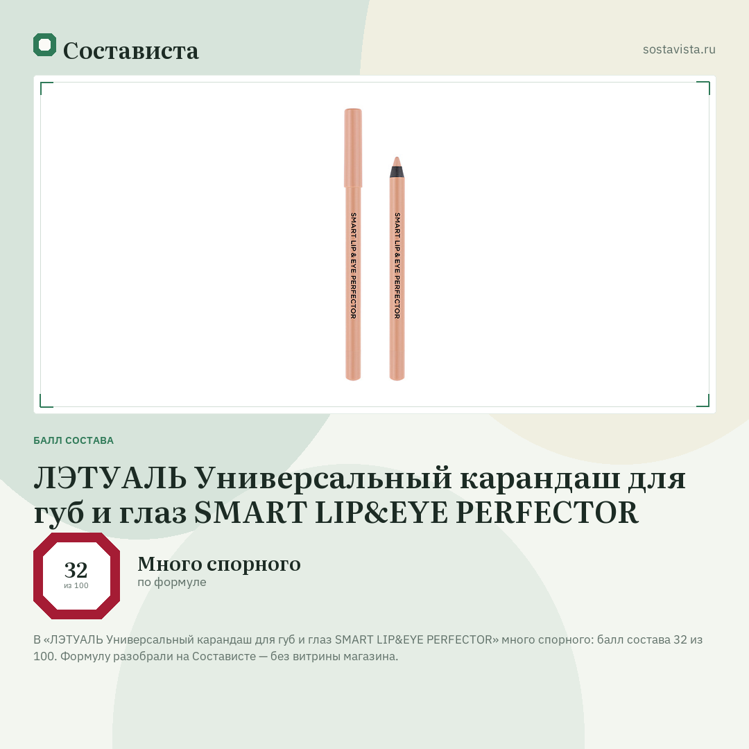 ЛЭТУАЛЬ Универсальный карандаш для губ и глаз SMART LIP&EYE PERFECTOR: балл состава 32 из 100 — Состависта