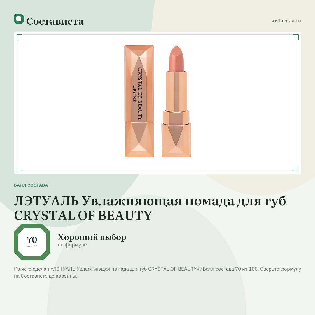 ЛЭТУАЛЬ Увлажняющая помада для губ CRYSTAL OF BEAUTY: балл состава 70 из 100 — Состависта