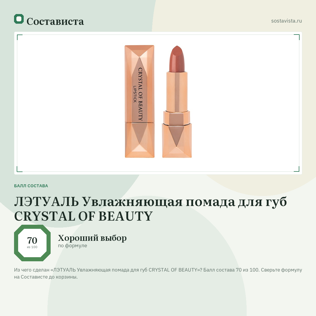 ЛЭТУАЛЬ Увлажняющая помада для губ CRYSTAL OF BEAUTY: балл состава 70 из 100 — Состависта