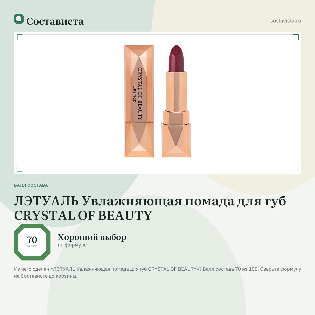 ЛЭТУАЛЬ Увлажняющая помада для губ CRYSTAL OF BEAUTY: балл состава 70 из 100 — Состависта